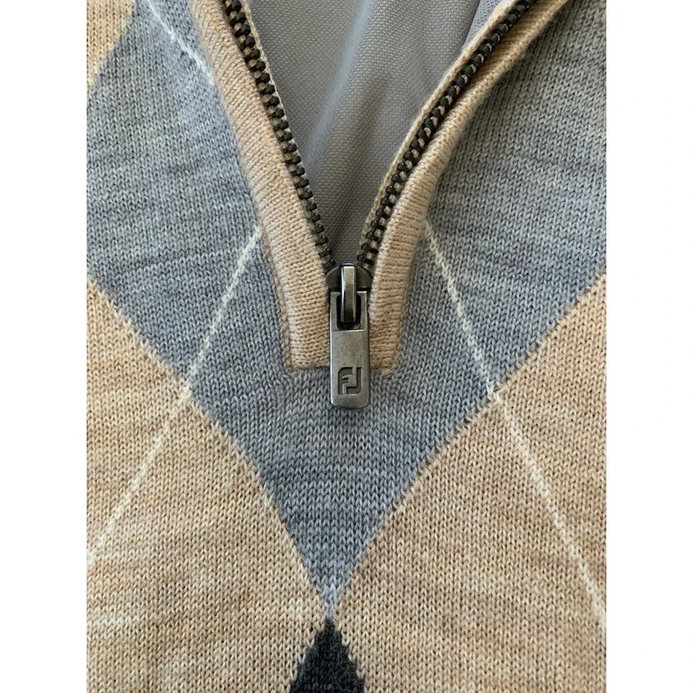 Footjoy Quarter Zip Golf Sweater Mens XXL Tan Beige Argyle 100% Wool Wind Logo